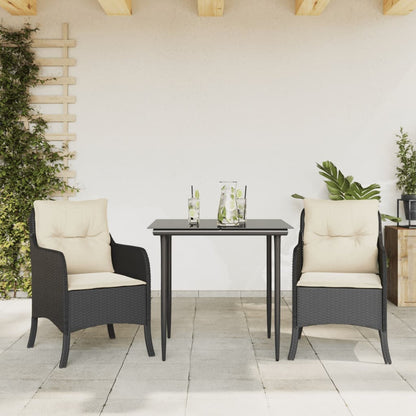 3-tlg. Garten-Essgruppe mit Kissen Schwarz Poly Rattan