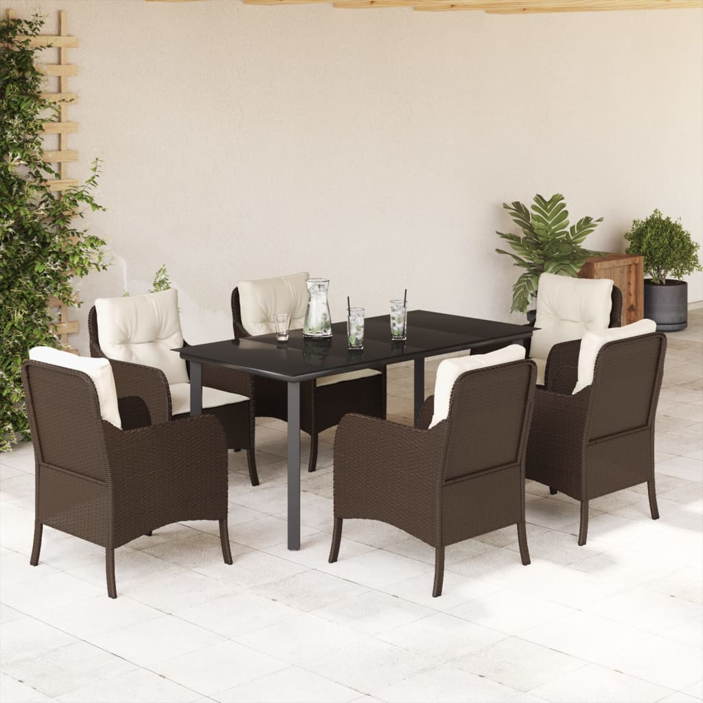 7-tlg. Garten-Essgruppe mit Kissen Braun Poly Rattan