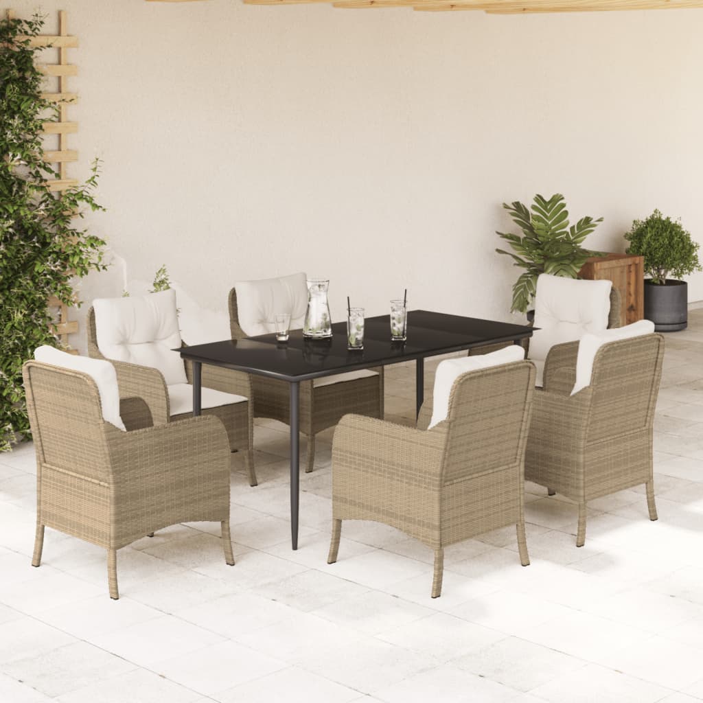 7-tlg. Garten-Essgruppe mit Kissen Beige Poly Rattan
