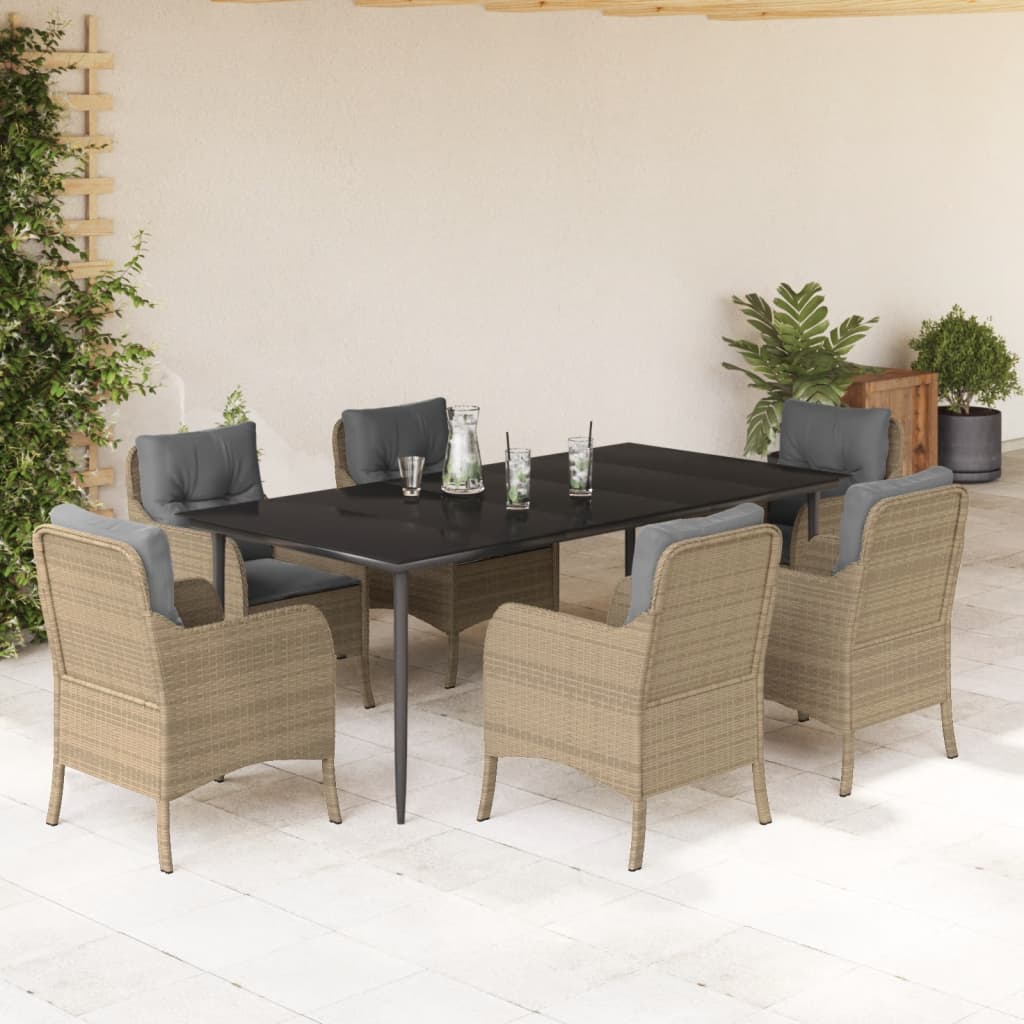 7-tlg. Garten-Essgruppe mit Kissen Beige Poly Rattan