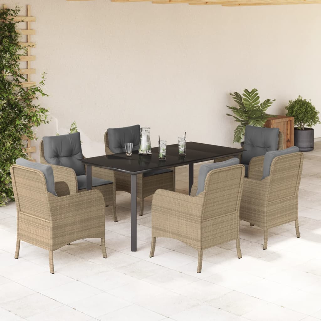 7-tlg. Garten-Essgruppe mit Kissen Beige Poly Rattan