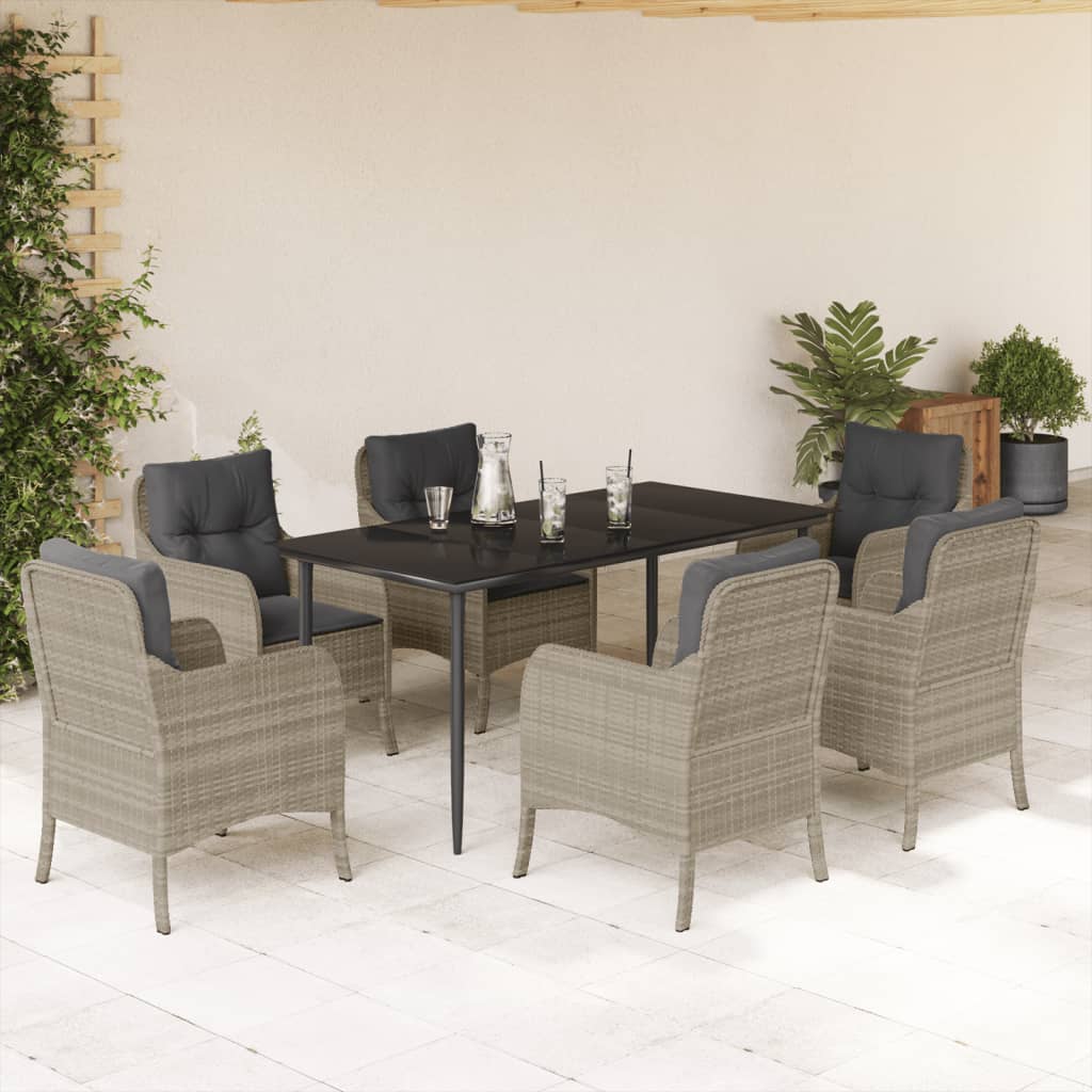 7-tlg. Garten-Essgruppe mit Kissen Hellgrau Poly Rattan