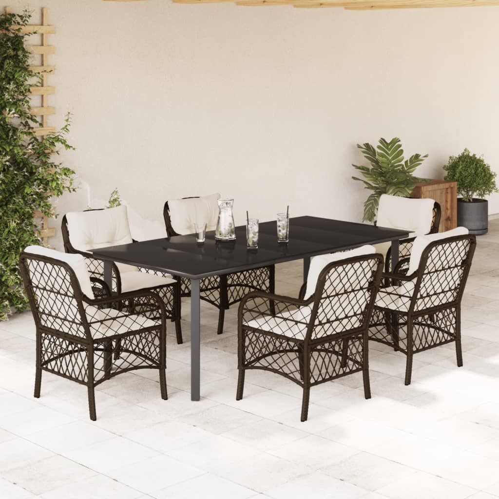 7-tlg. Garten-Essgruppe mit Kissen Braun Poly Rattan