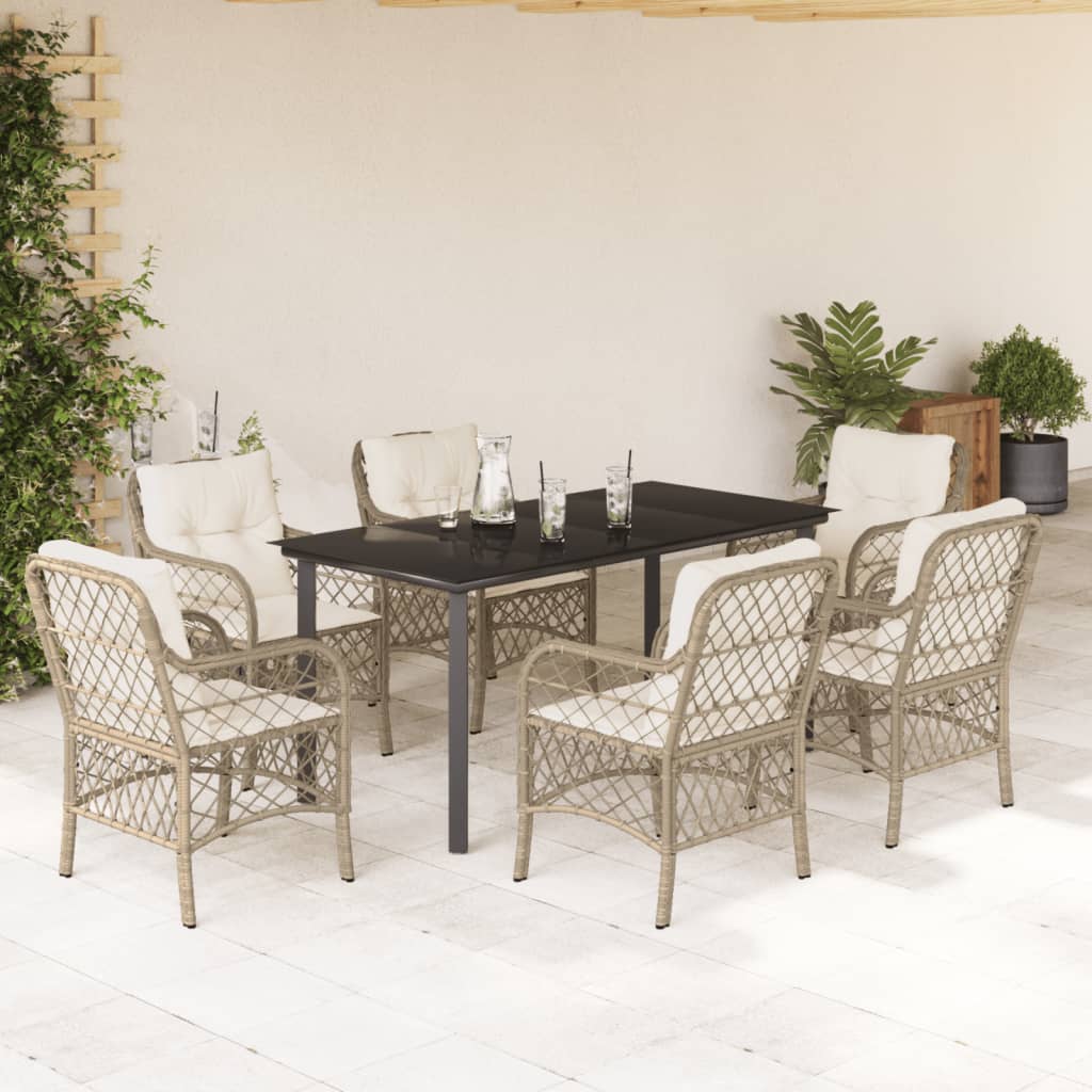 7-tlg. Garten-Essgruppe mit Kissen Beige Poly Rattan