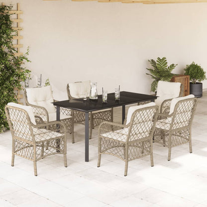 7-tlg. Garten-Essgruppe mit Kissen Beige Poly Rattan