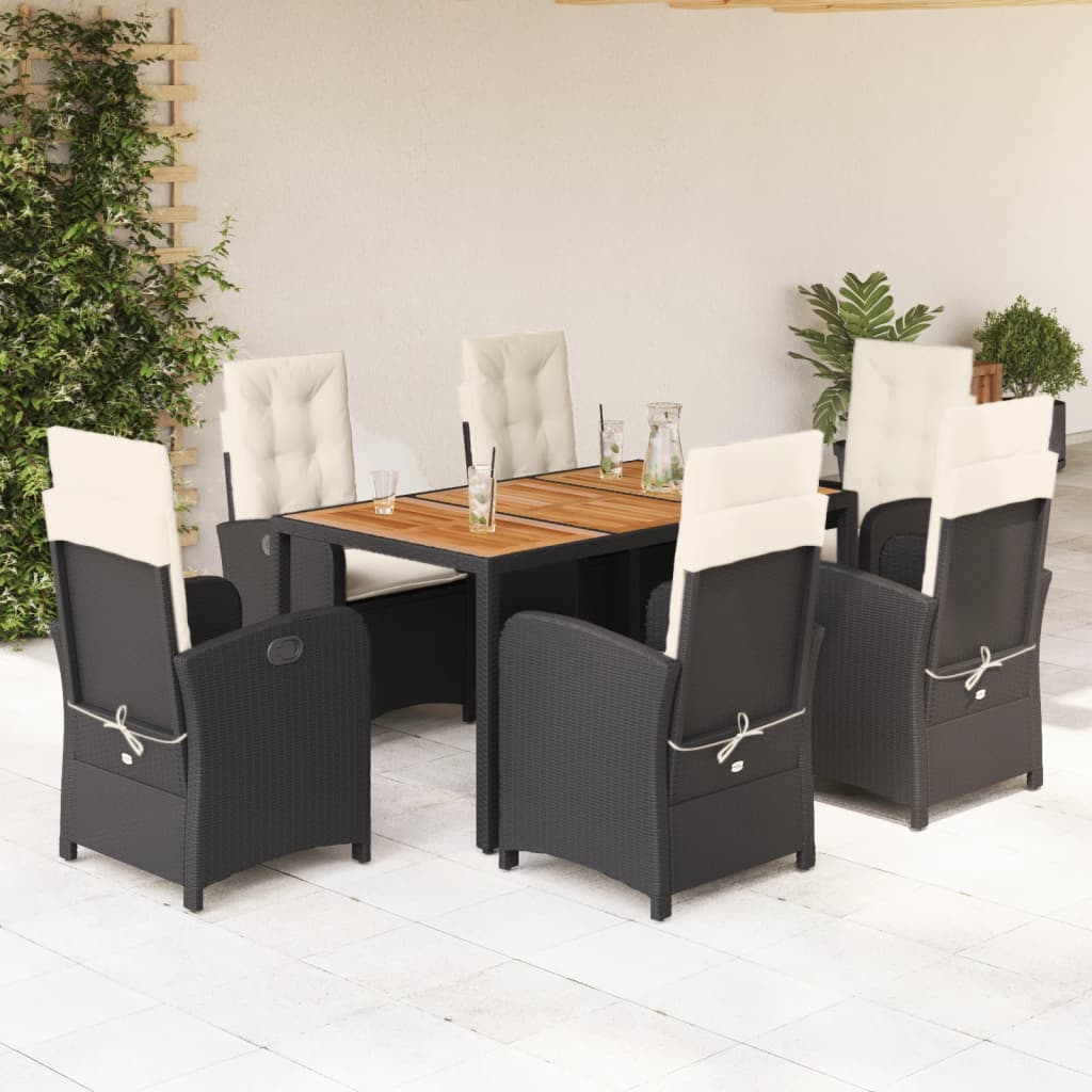 7-tlg. Garten-Essgruppe mit Kissen Schwarz Poly Rattan