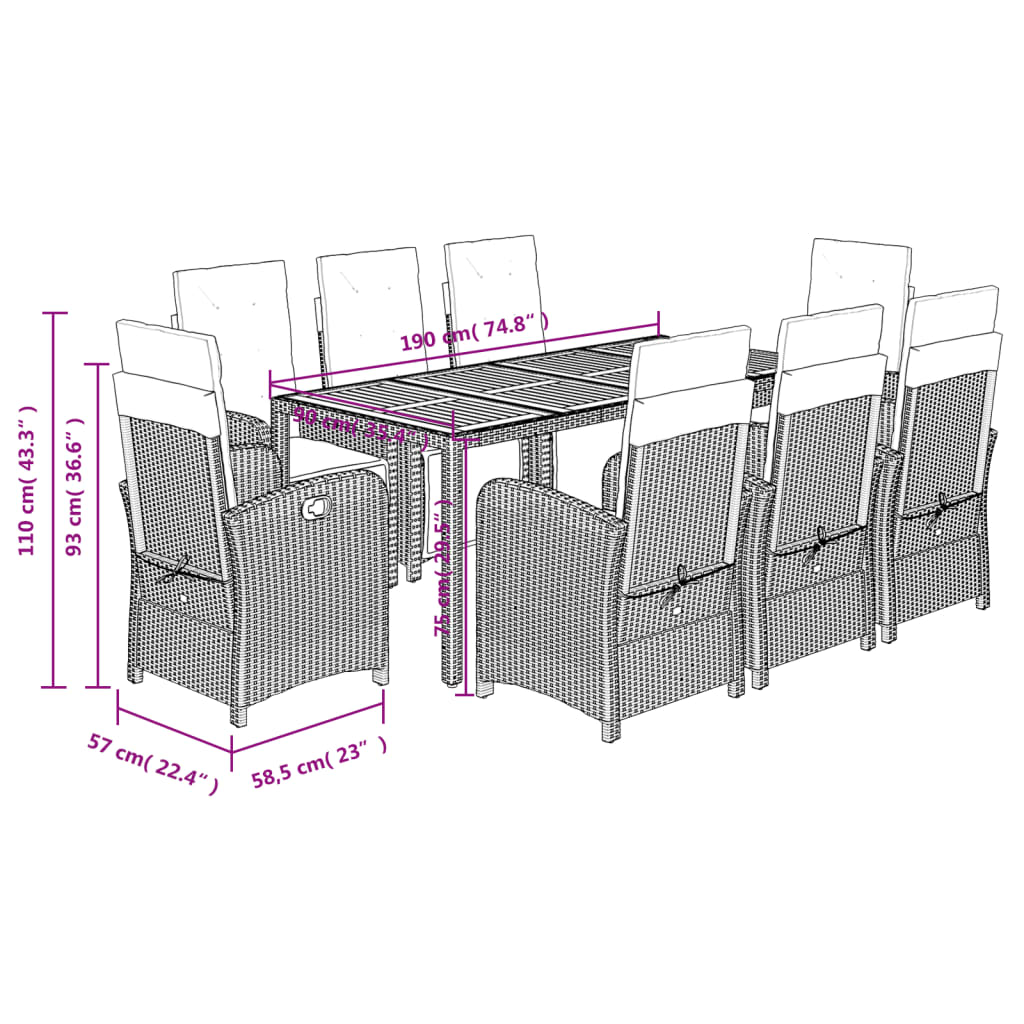 9-tlg. Garten-Essgruppe mit Kissen Schwarz Poly Rattan