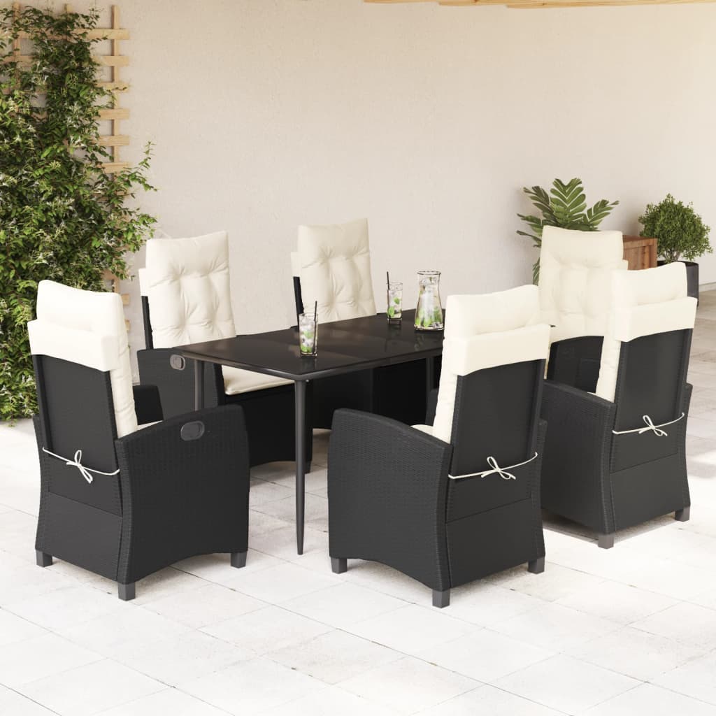 7-tlg. Garten-Essgruppe mit Kissen Schwarz Poly Rattan