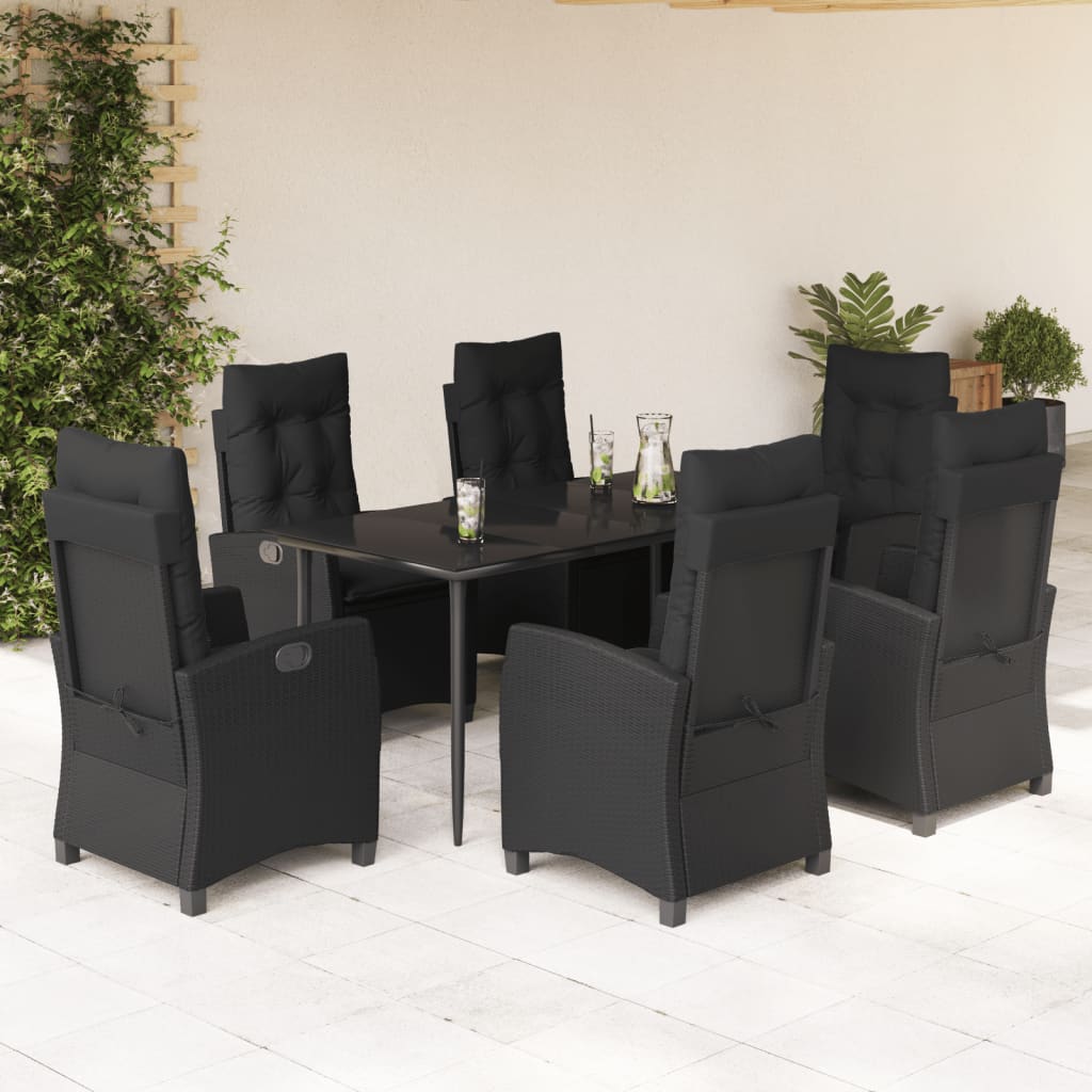 7-tlg. Garten-Essgruppe mit Kissen Schwarz Poly Rattan