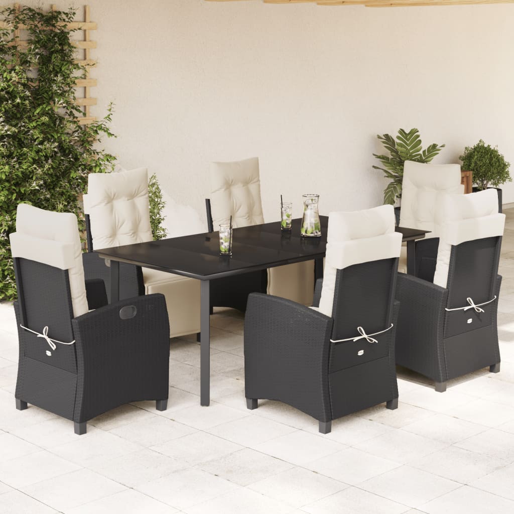 7-tlg. Garten-Essgruppe mit Kissen Schwarz Poly Rattan