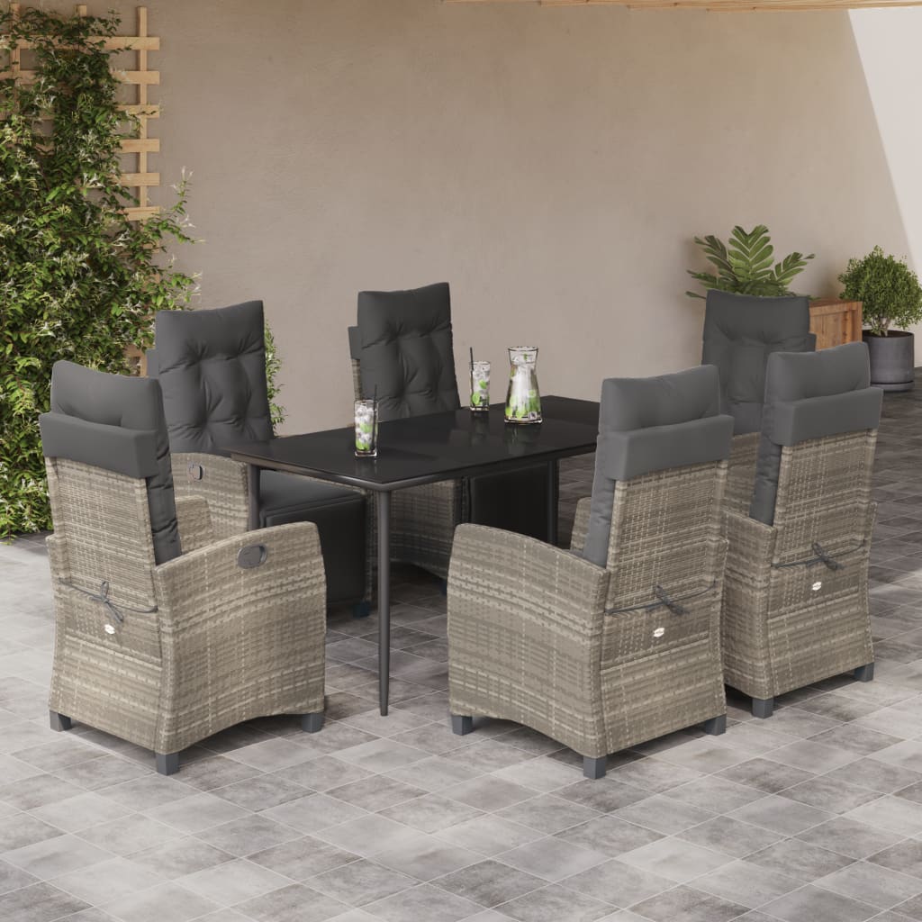 7-tlg. Garten-Essgruppe mit Kissen Hellgrau Poly Rattan