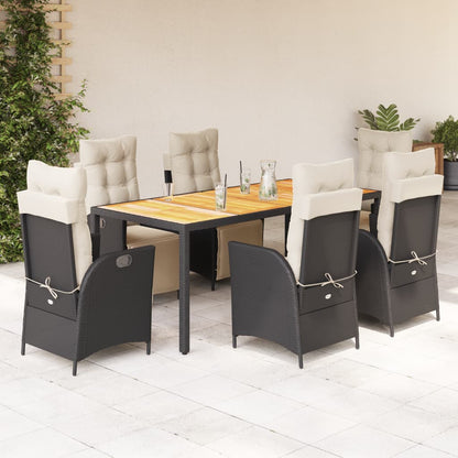 7-tlg. Garten-Essgruppe mit Kissen Schwarz Poly Rattan