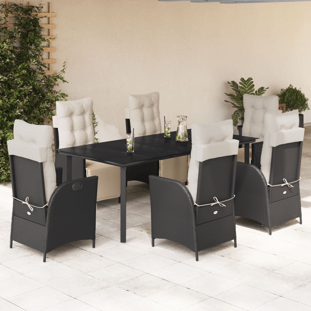 7-tlg. Garten-Essgruppe mit Kissen Schwarz Poly Rattan