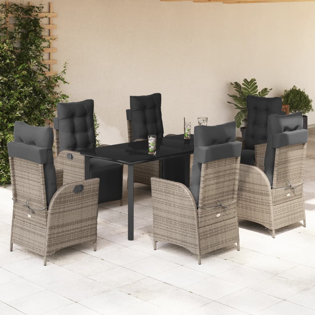 7-tlg. Garten-Essgruppe mit Kissen Grau Poly Rattan