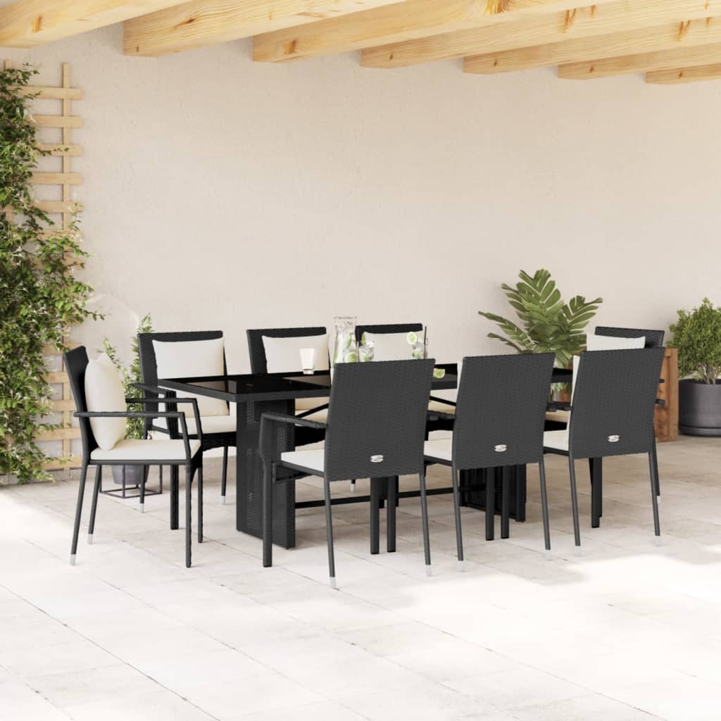 9-tlg. Garten-Essgruppe mit Kissen Schwarz Poly Rattan