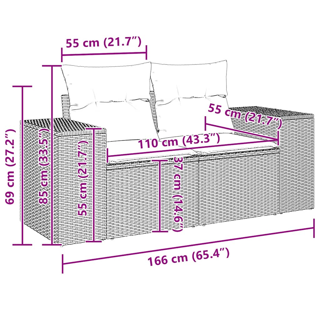 Gartensofa mit Kissen 2-Sitzer Braun Poly Rattan