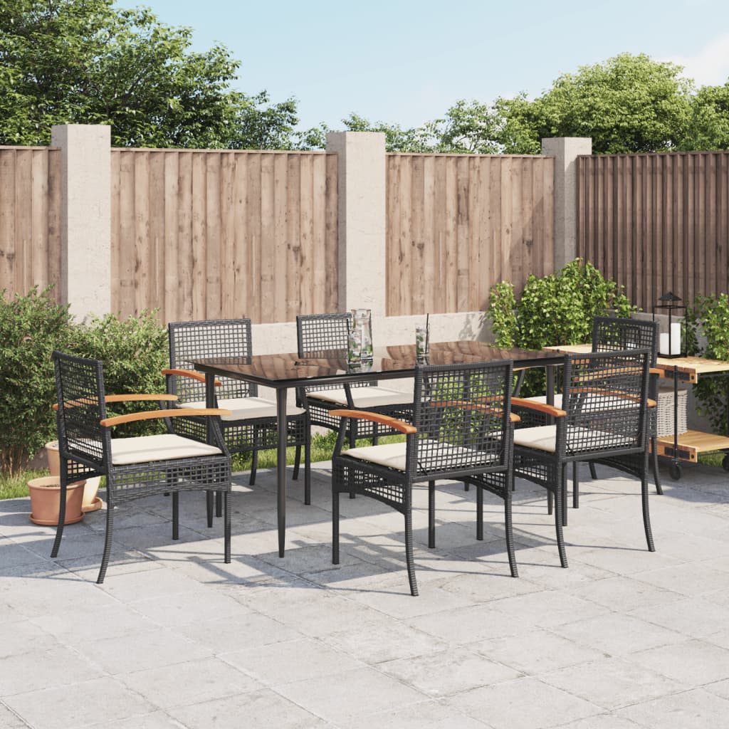 7-tlg. Garten-Essgruppe mit Kissen Schwarz Poly Rattan