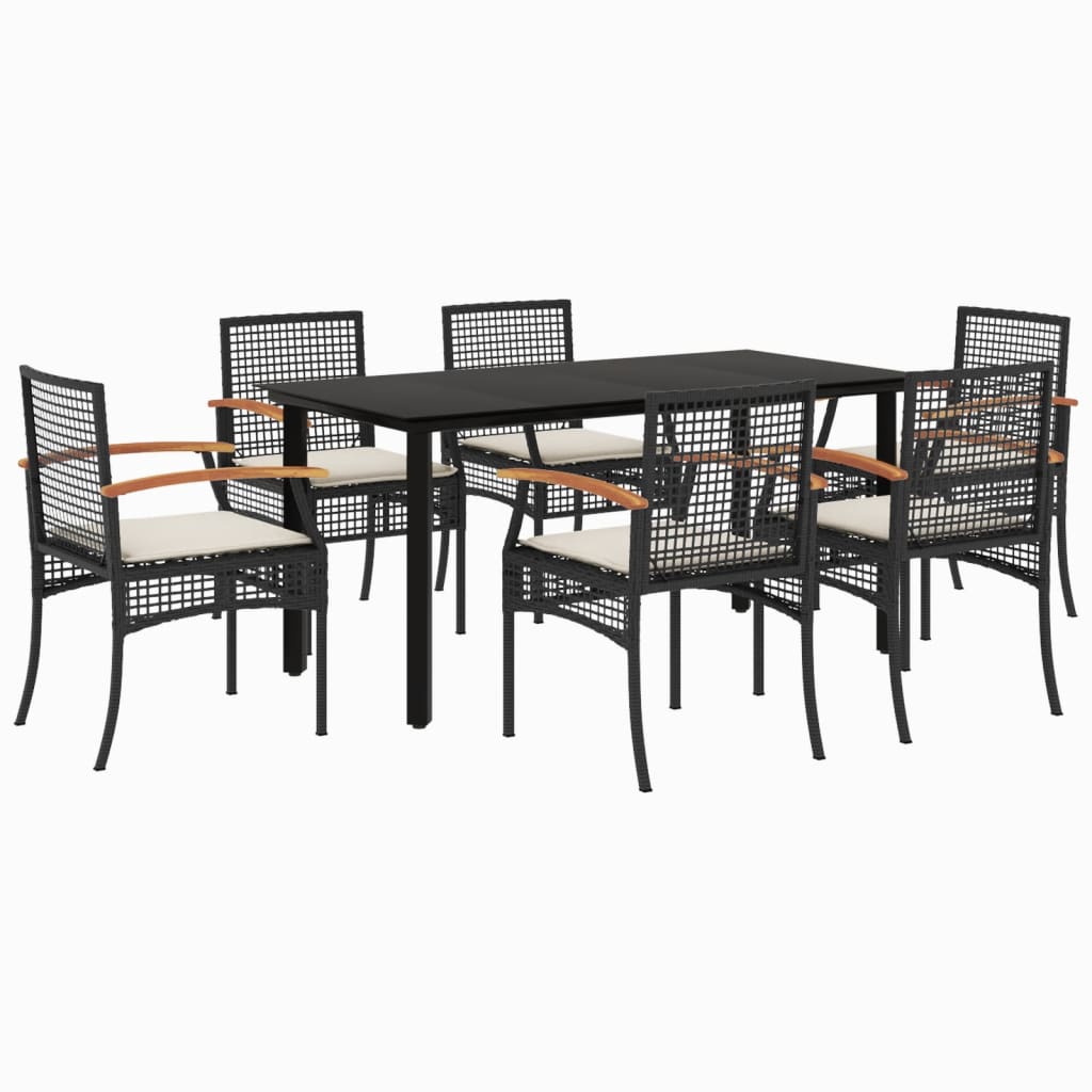 7-tlg. Garten-Essgruppe mit Kissen Schwarz Poly Rattan
