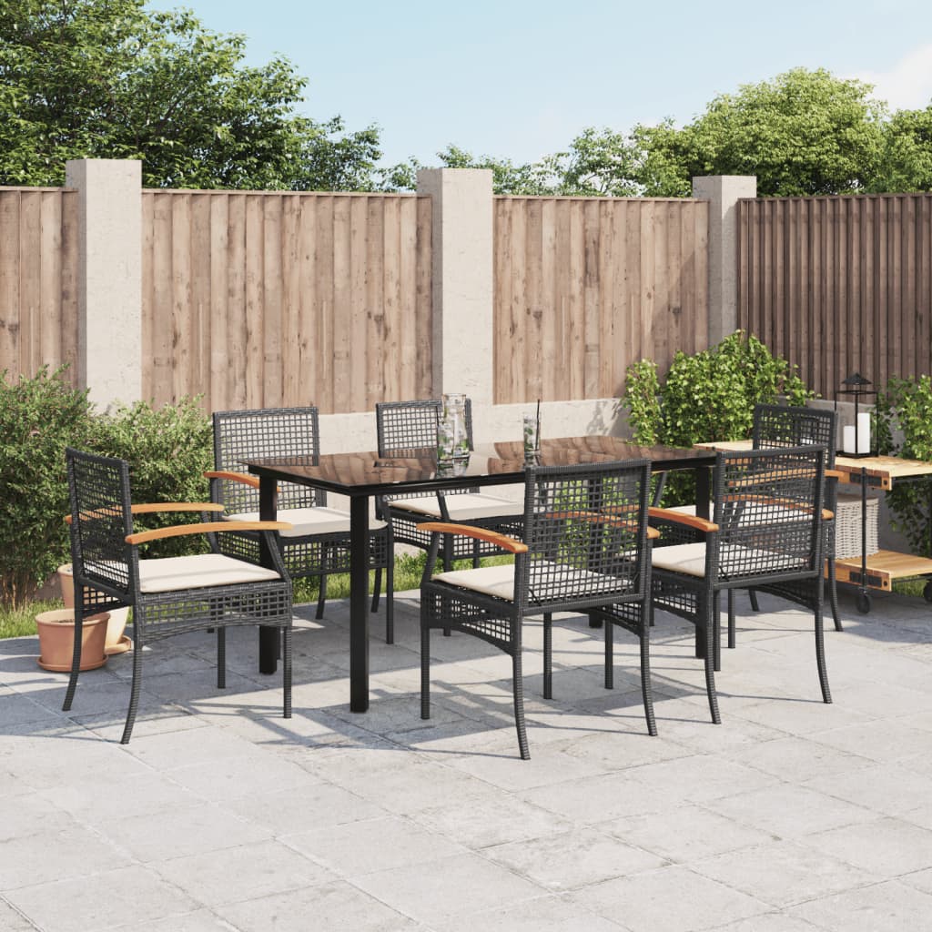 7-tlg. Garten-Essgruppe mit Kissen Schwarz Poly Rattan