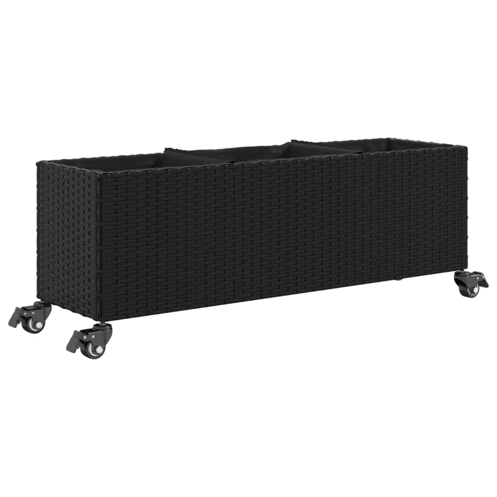 Hochbeet mit Rollen & 3 Fächern Schwarz 107x32x38cm Poly Rattan