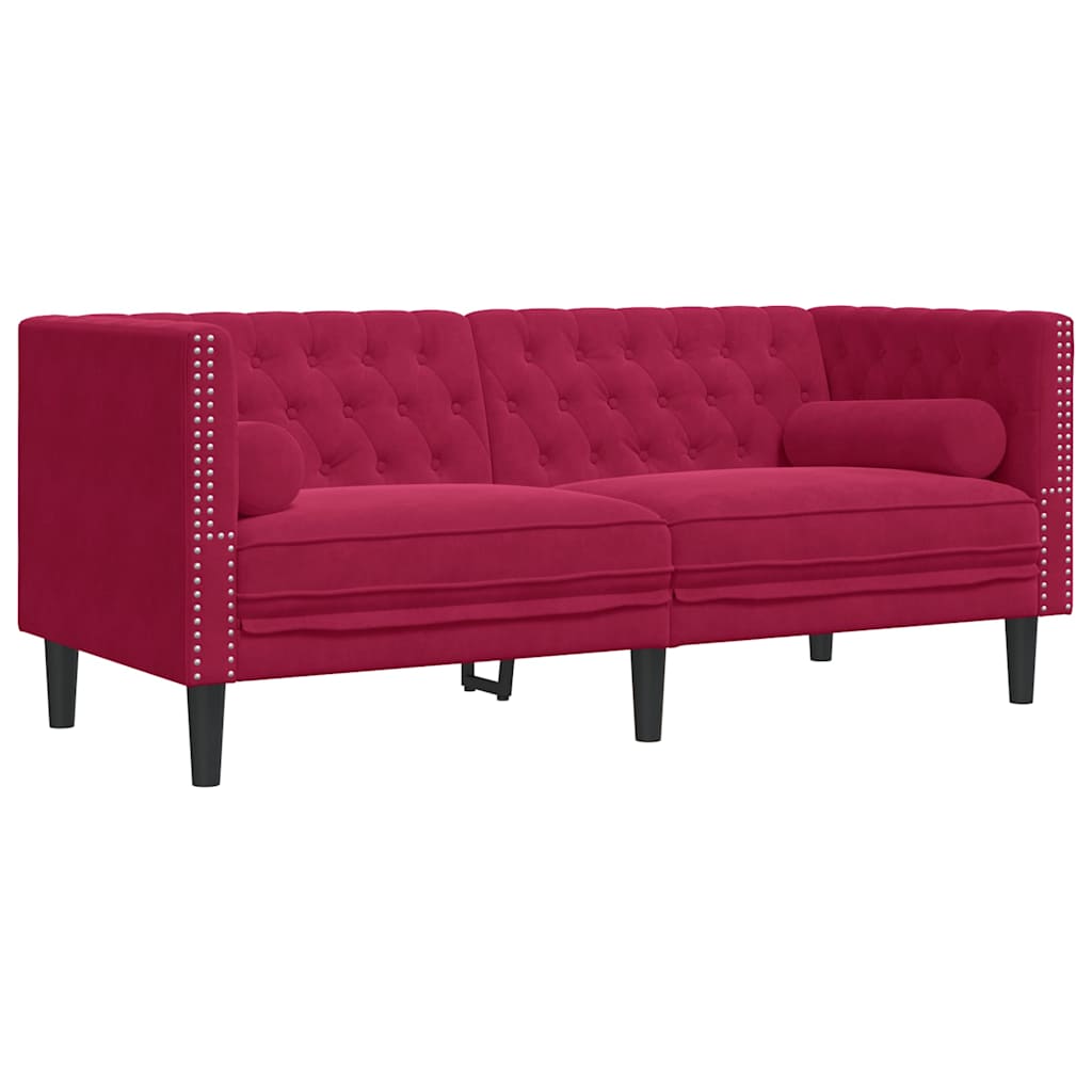 Chesterfield-Sofa mit Nackenrollen 2-Sitzer Weinrot Samt