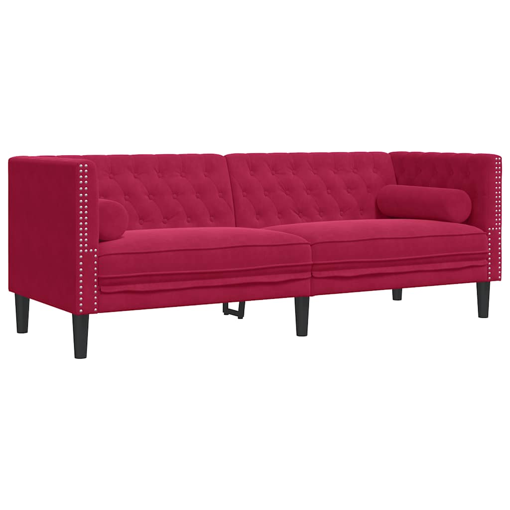Chesterfield-Sofa mit Nackenrollen 3-Sitzer Weinrot Samt