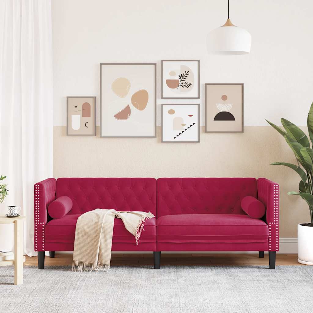Chesterfield-Sofa mit Nackenrollen 3-Sitzer Weinrot Samt