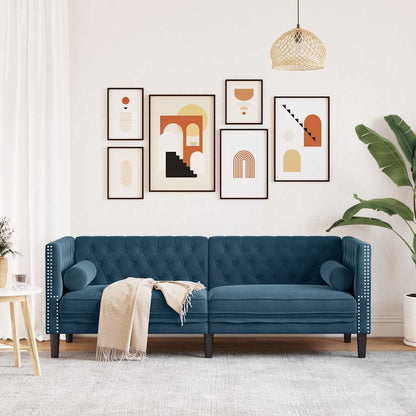 Chesterfield-Sofa mit Nackenrollen 3-Sitzer Blau Samt