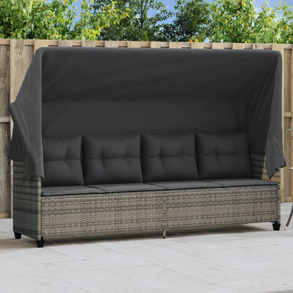 Sonnenliege mit Dach und Kissen Grau Poly Rattan