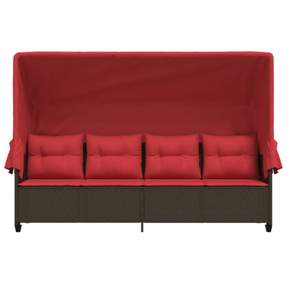 Sonnenliege mit Dach und Kissen Braun Poly Rattan