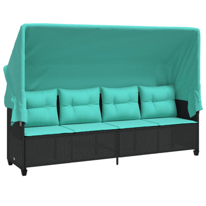 Sonnenliege mit Dach und Kissen Schwarz Poly Rattan