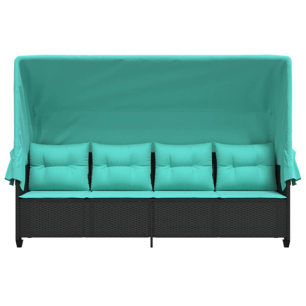 Sonnenliege mit Dach und Kissen Schwarz Poly Rattan