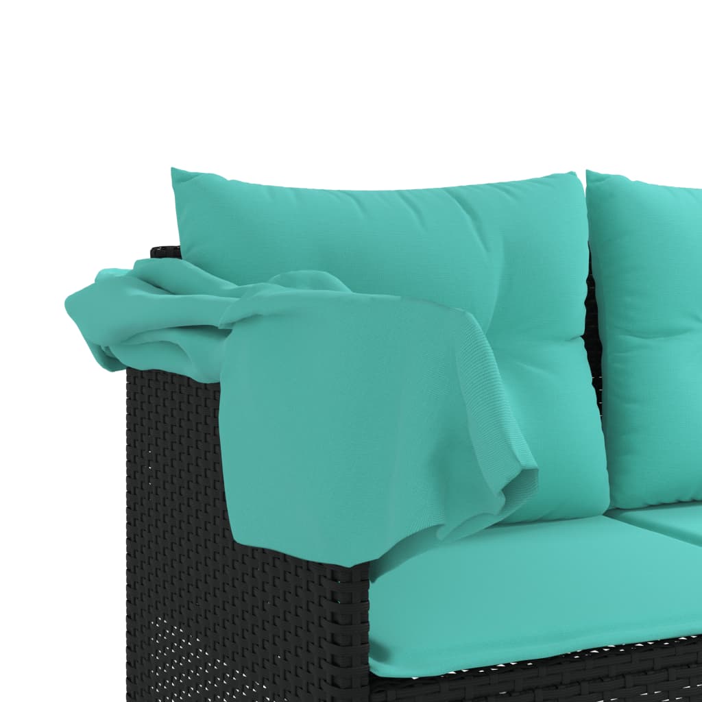 Sonnenliege mit Dach und Kissen Schwarz Poly Rattan