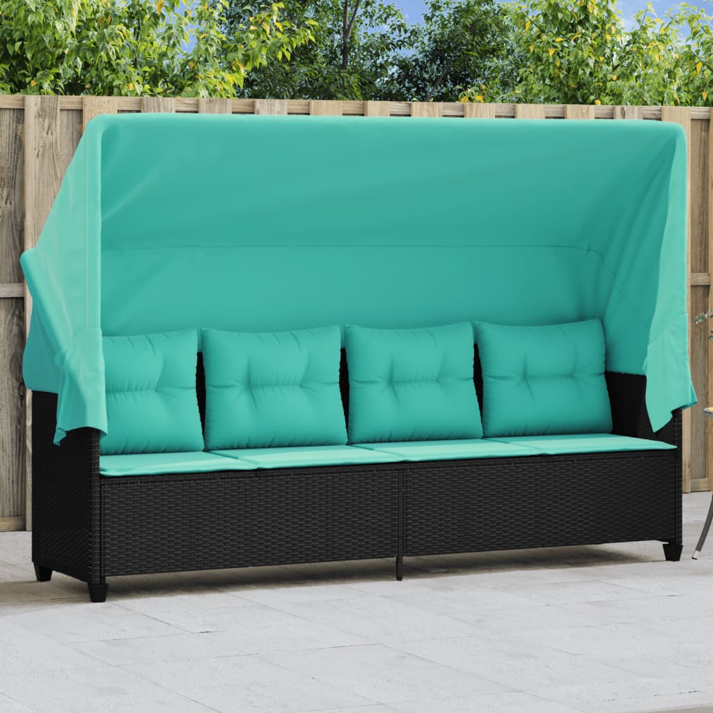 Sonnenliege mit Dach und Kissen Schwarz Poly Rattan