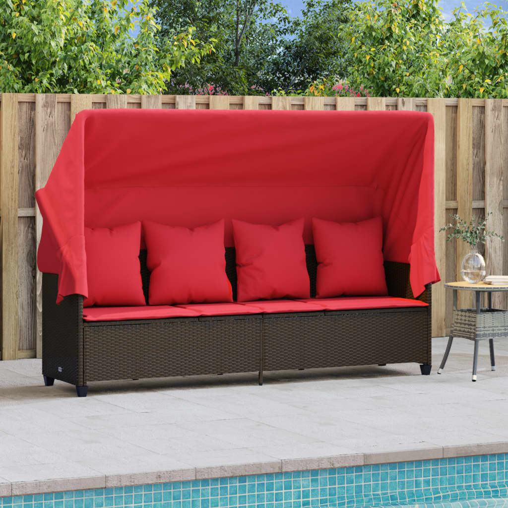 Sonnenliege mit Dach und Kissen Braun Poly Rattan