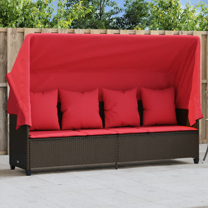 Sonnenliege mit Dach und Kissen Braun Poly Rattan
