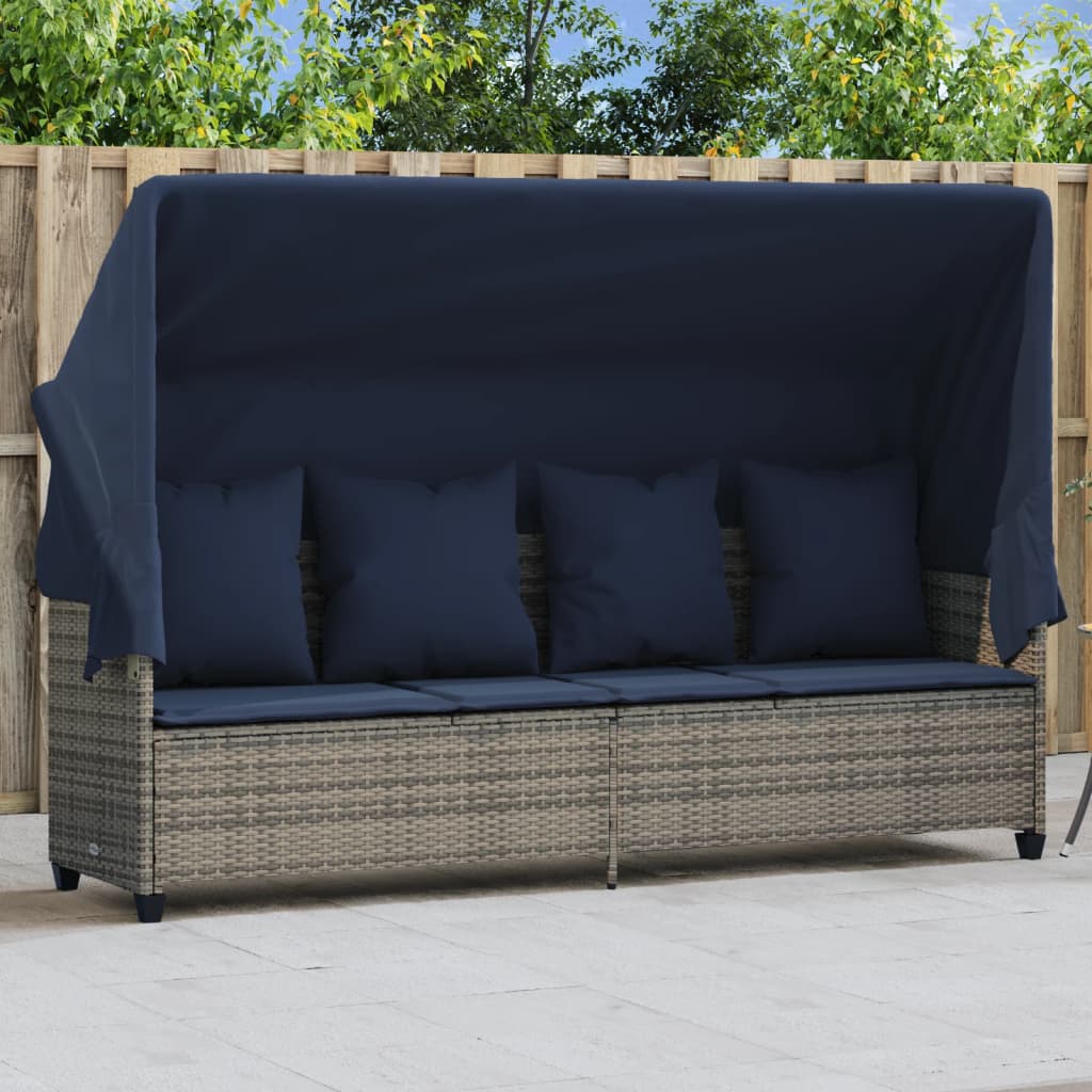 Sonnenliege mit Dach und Kissen Grau Poly Rattan