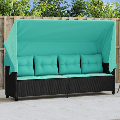 Sonnenliege mit Dach und Kissen Schwarz Poly Rattan