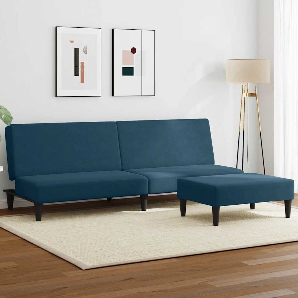 Schlafsofa 2-Sitzer mit Fußhocker Blau Samt