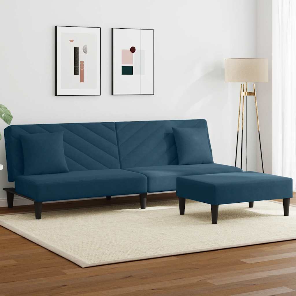 2-tlg. Sofagarnitur mit Kissen Blau Samt