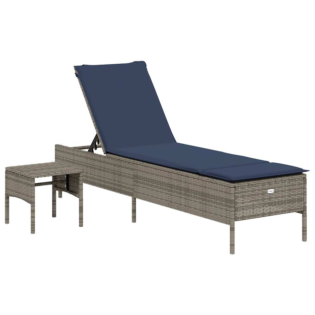 Sonnenliege mit Tisch und Kissen Grau Poly Rattan