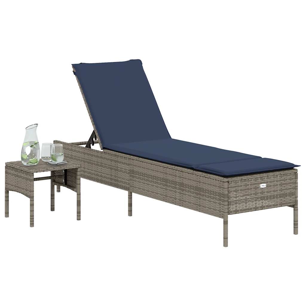 Sonnenliege mit Tisch und Kissen Grau Poly Rattan