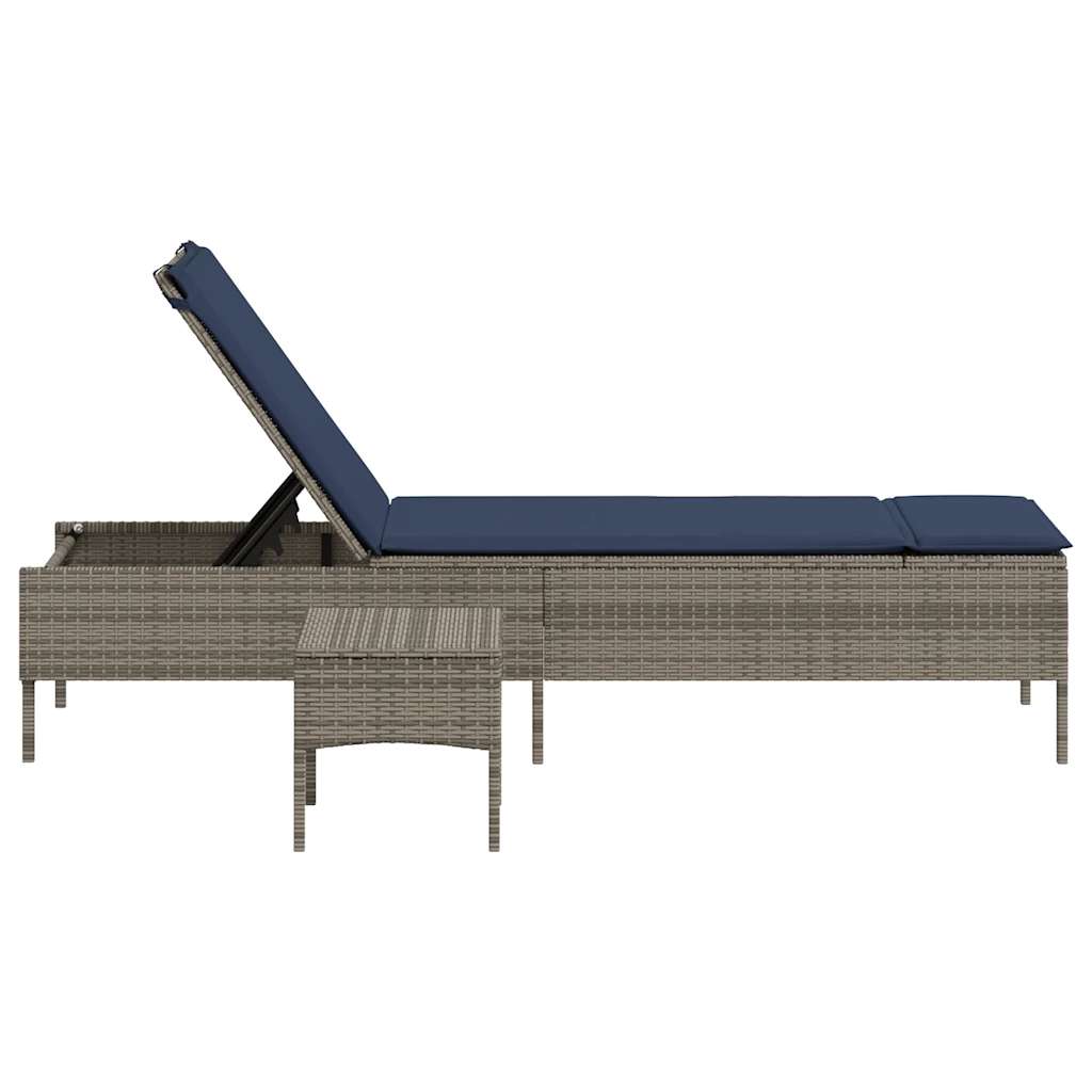 Sonnenliege mit Tisch und Kissen Grau Poly Rattan