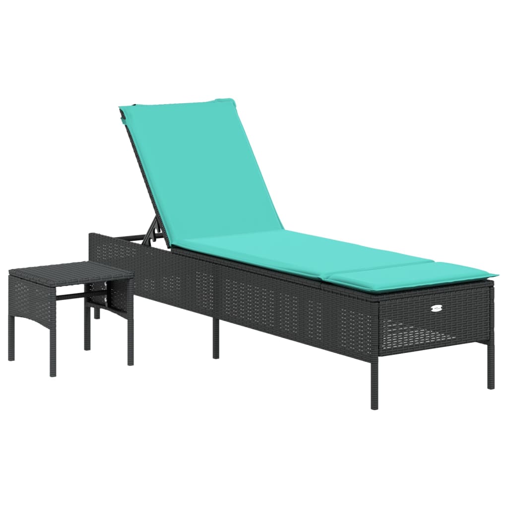 Sonnenliege mit Tisch und Kissen Schwarz Poly Rattan