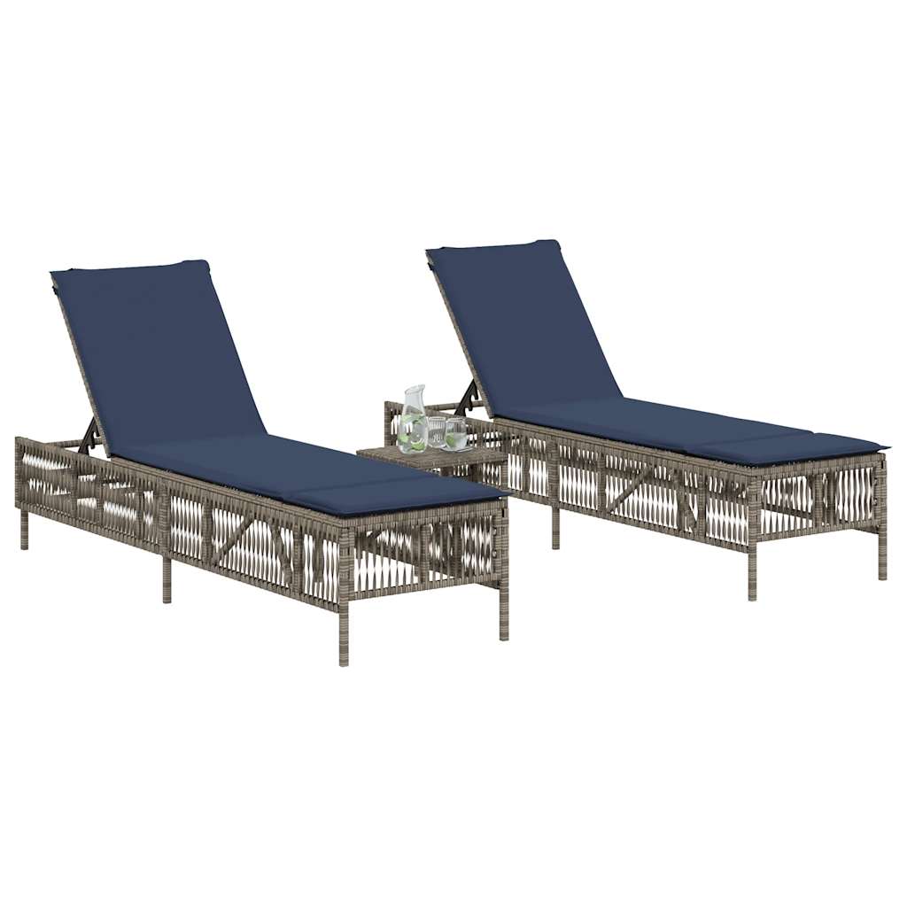 Sonnenliegen 2 Stk. mit Tisch Grau Poly Rattan