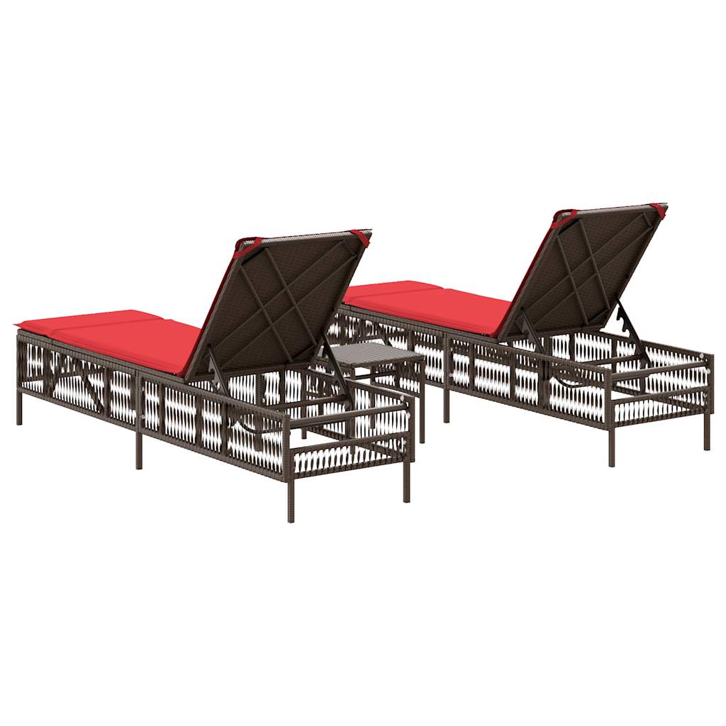 Sonnenliegen 2 Stk. mit Tisch Braun Poly Rattan