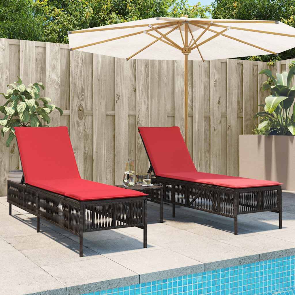 Sonnenliegen 2 Stk. mit Tisch Braun Poly Rattan