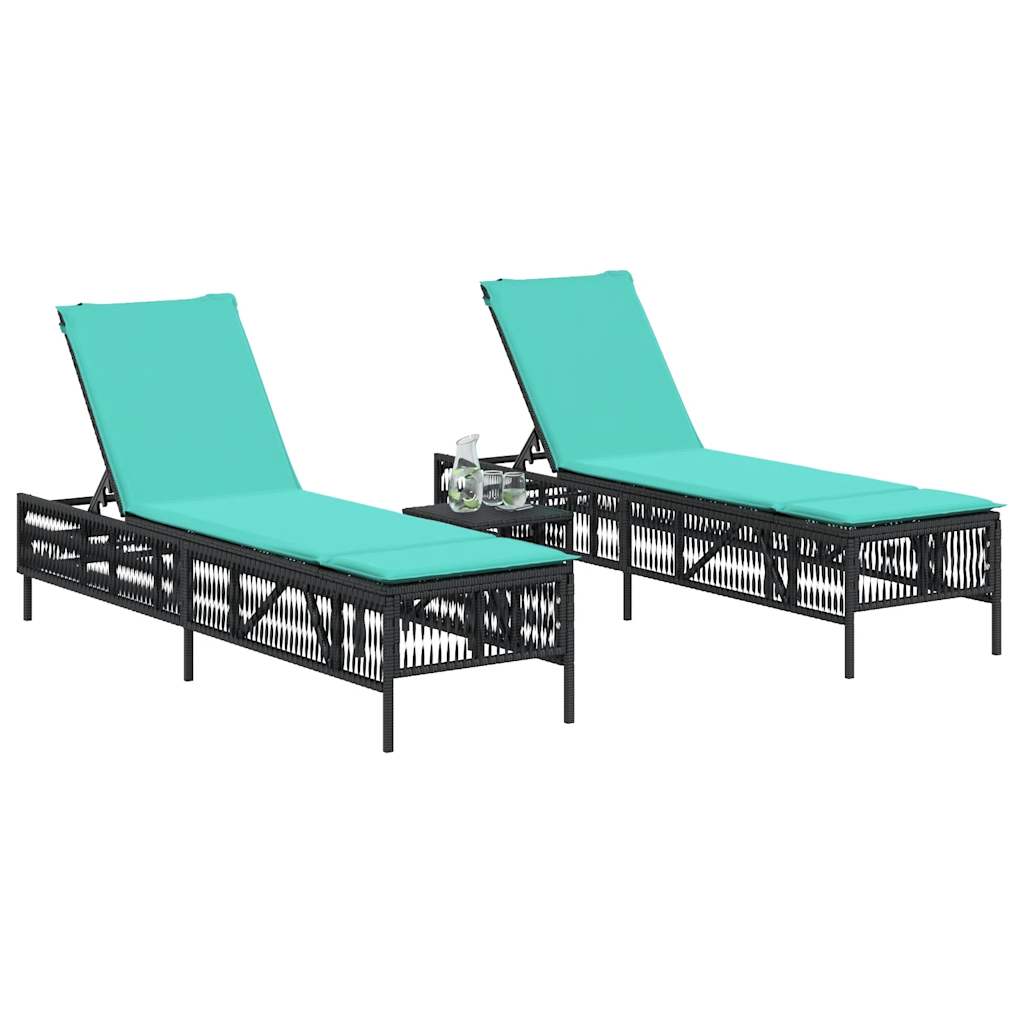 Sonnenliegen 2 Stk. mit Tisch Schwarz Poly Rattan