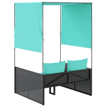 Doppelte Sonnenliege mit Dach und Vorhängen, schwarzes Polyrattan