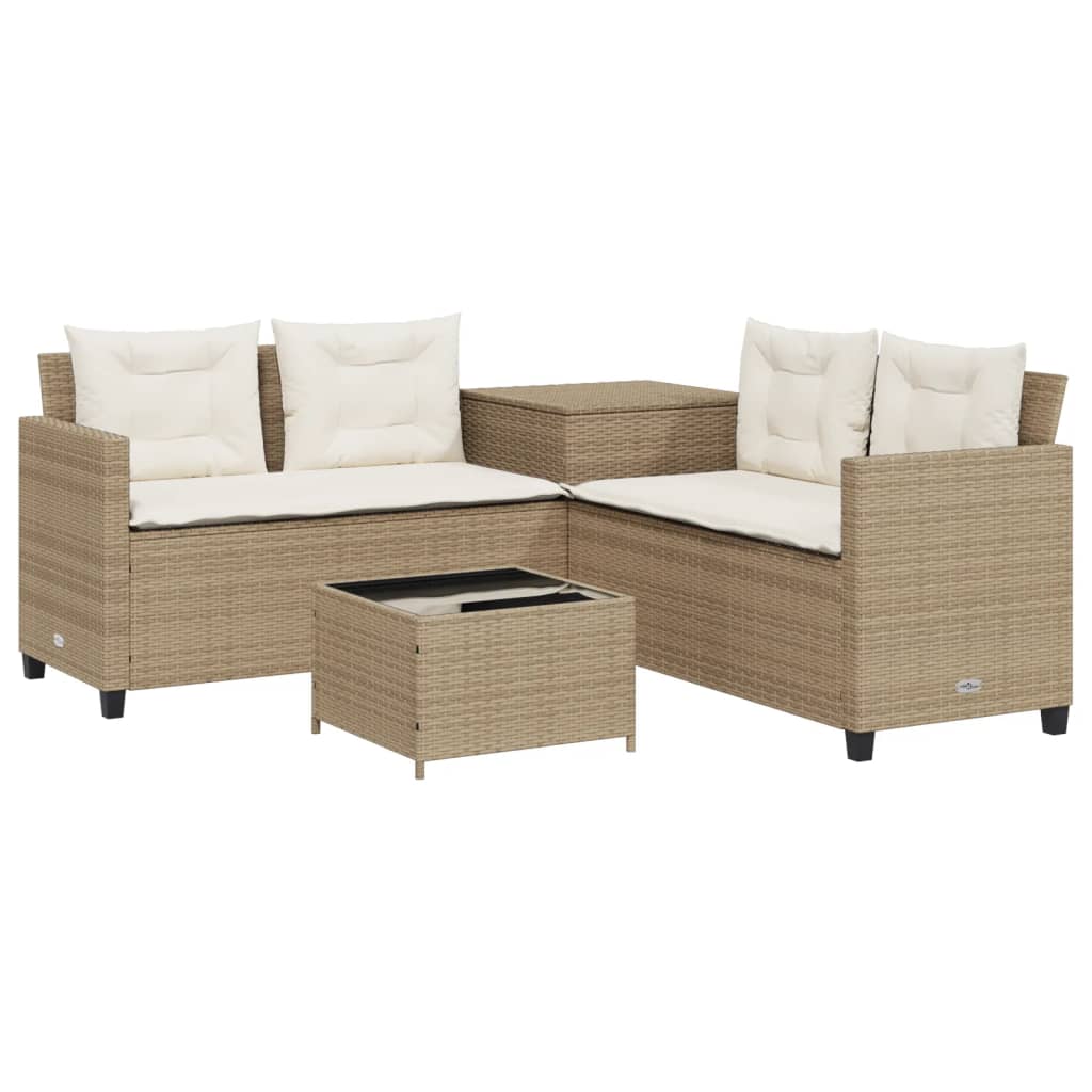 Gartensofa in L-Form mit Tisch und Kissen Beige Poly Rattan